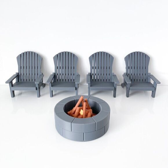 4 Charcoal Miniature Adirondack Chairs Round Firepit W/Flickering Logs 1:6 Scale - Picture 8 of 9